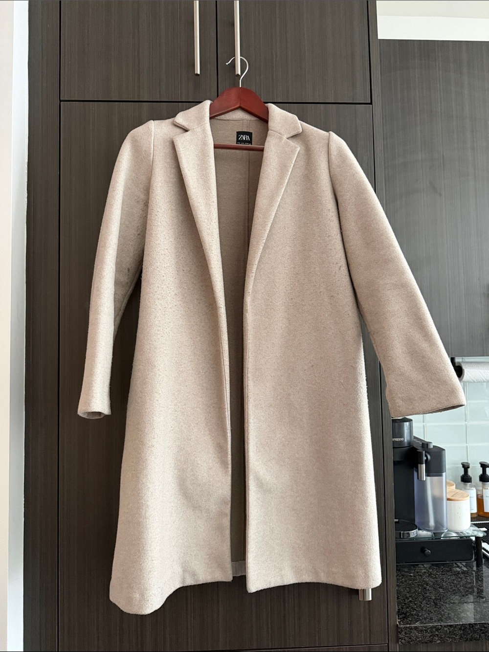 Zara Beige Long Wool-Blend Single-Breasted Trench Coat